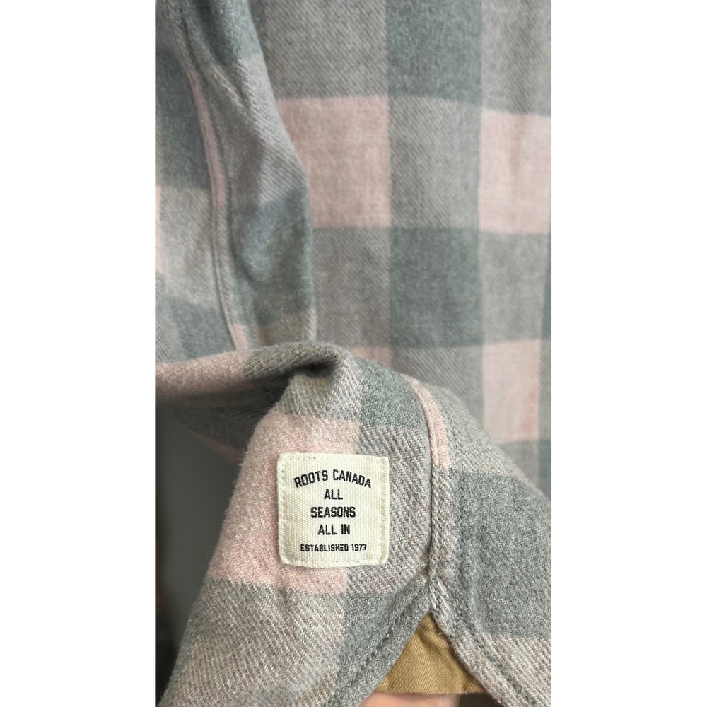 Roots Canada Pink Grey Buffalo Plaid Flannel Shirt Corduroy Elbow Patches Small - Picture 4 of 4